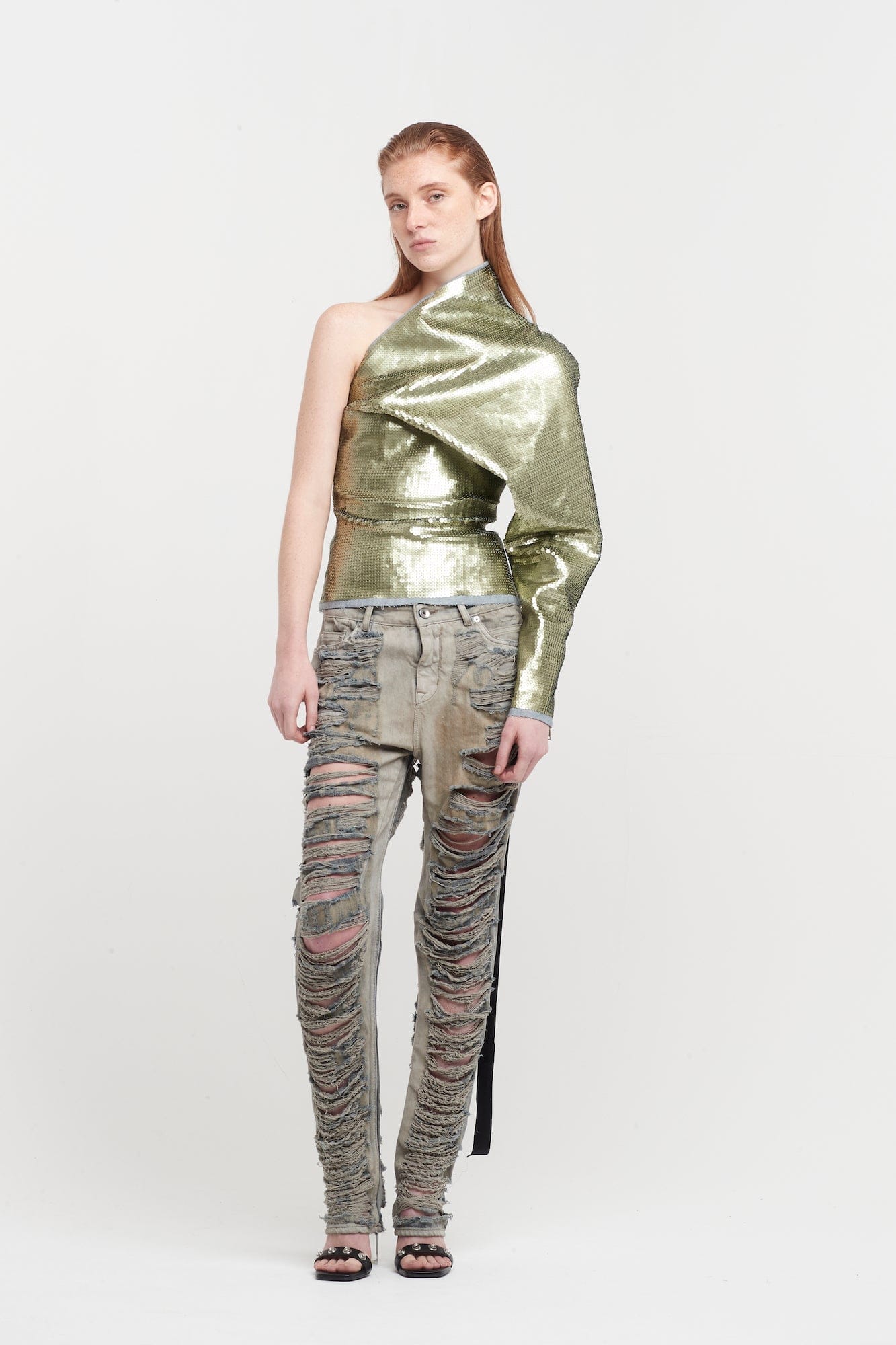 Rick Owens One Sleeve Sequin Top in Blue Acid - Image 4