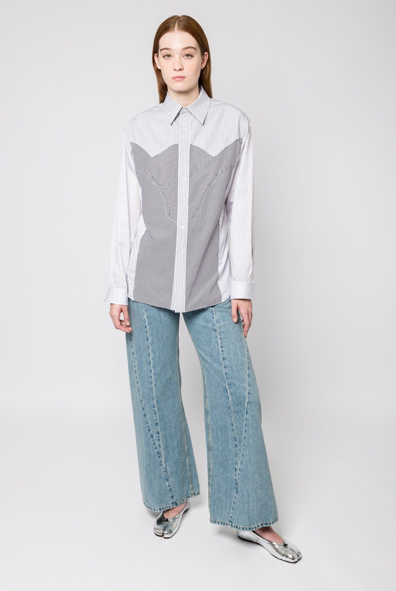 Maison Margiela Long Sleeved Mixed Stripe Shirt in Black and White - Image 4