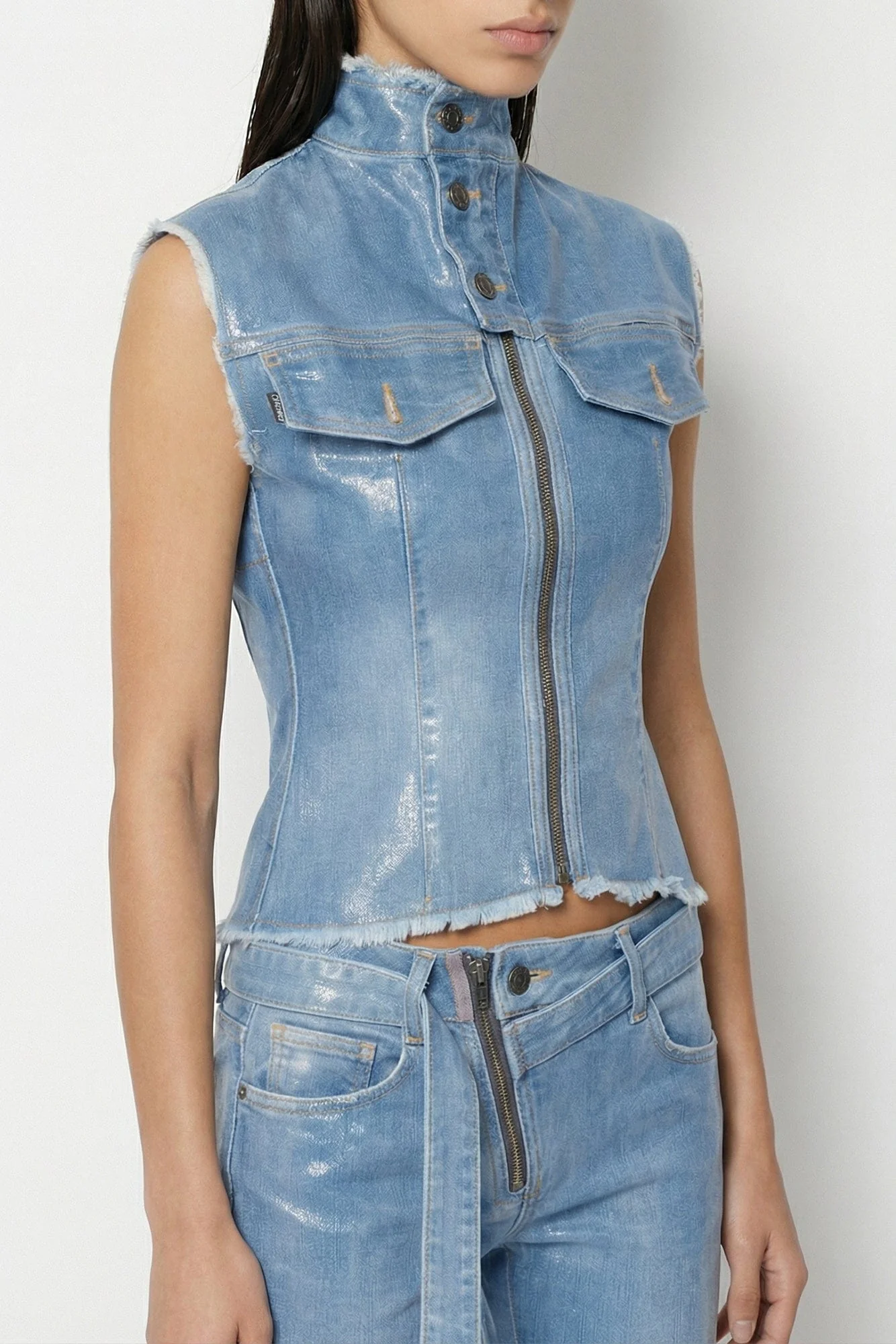 Ottolinger Glazed Denim Zip Top in Blue - Image 2