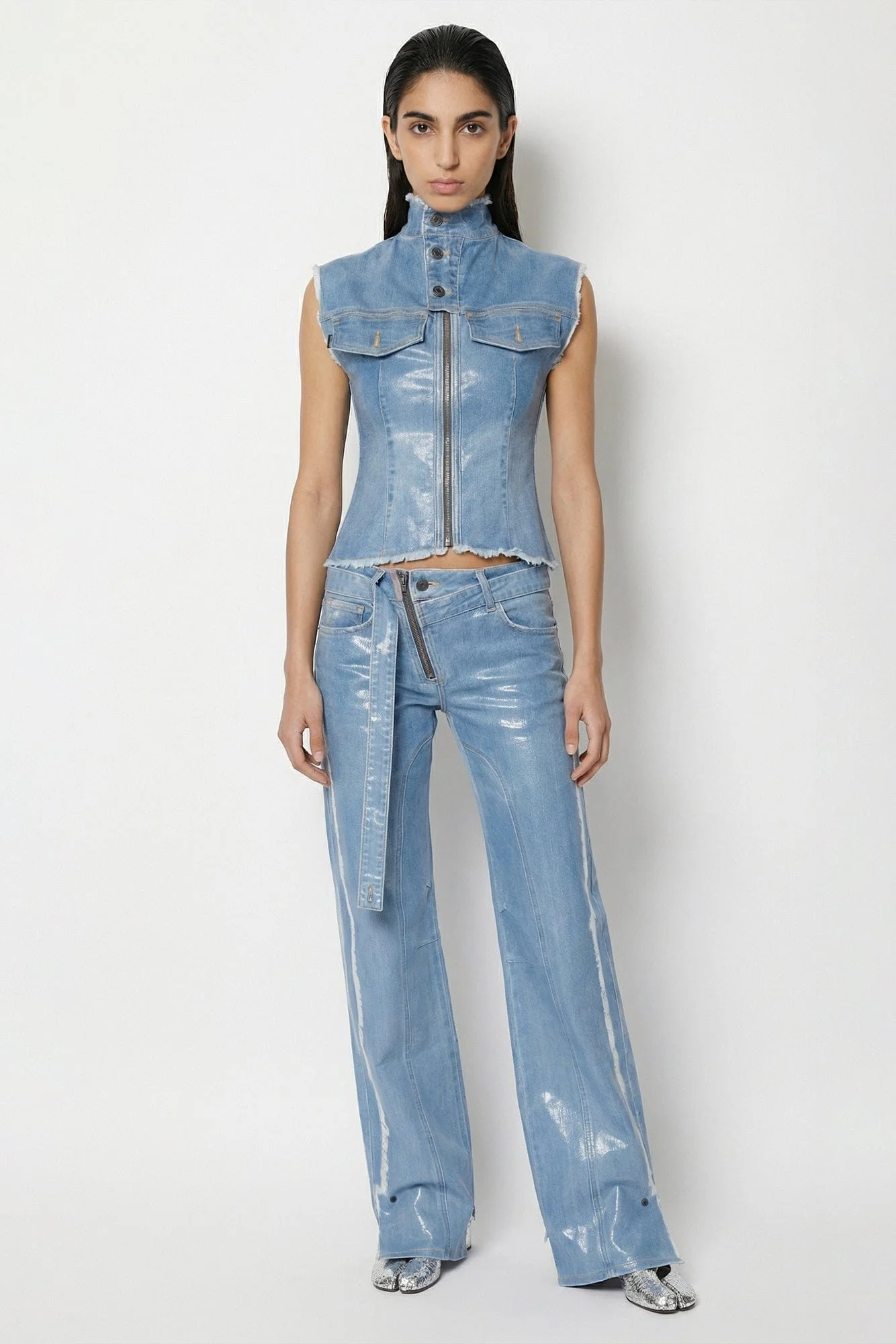 Ottolinger Glazed Denim Zip Top in Blue - Image 4
