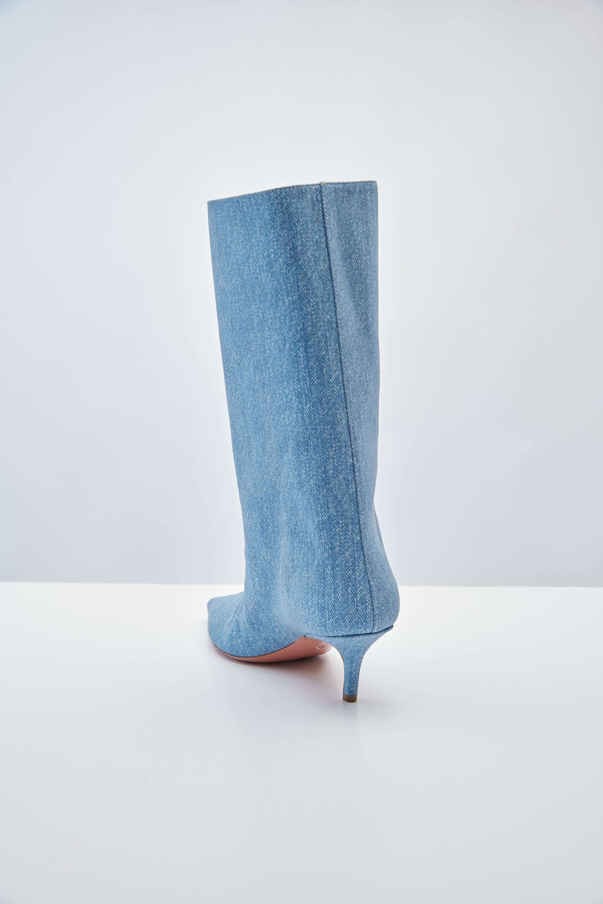 Amina Muaddi Fiona Boot in Suede Denim - Image 5