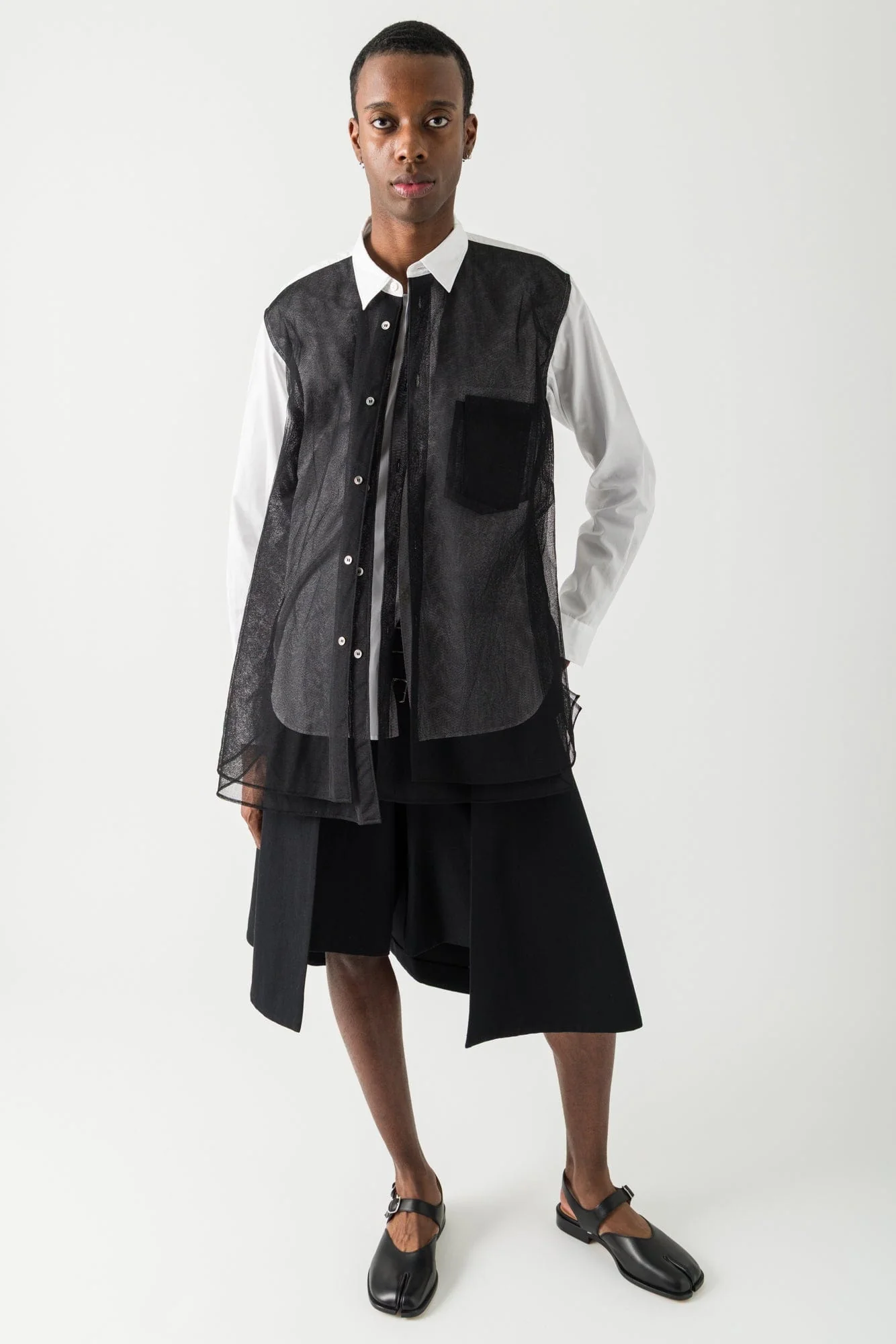 Comme des Garçons Homme Plus Tulle Detailed Shirt in White and Black - Image 4