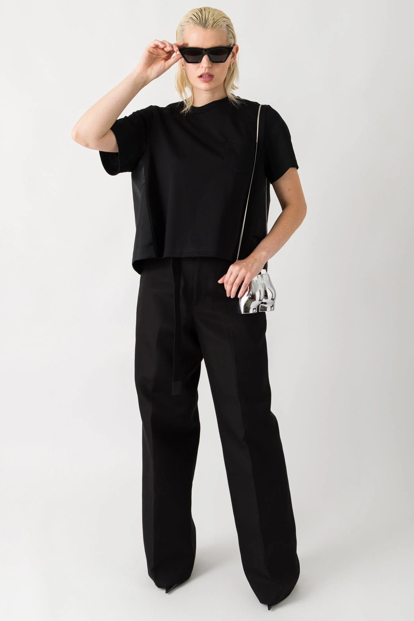 Sacai Nylon Twill Mix Cotton Jersey T-Shirt in Black - Image 4