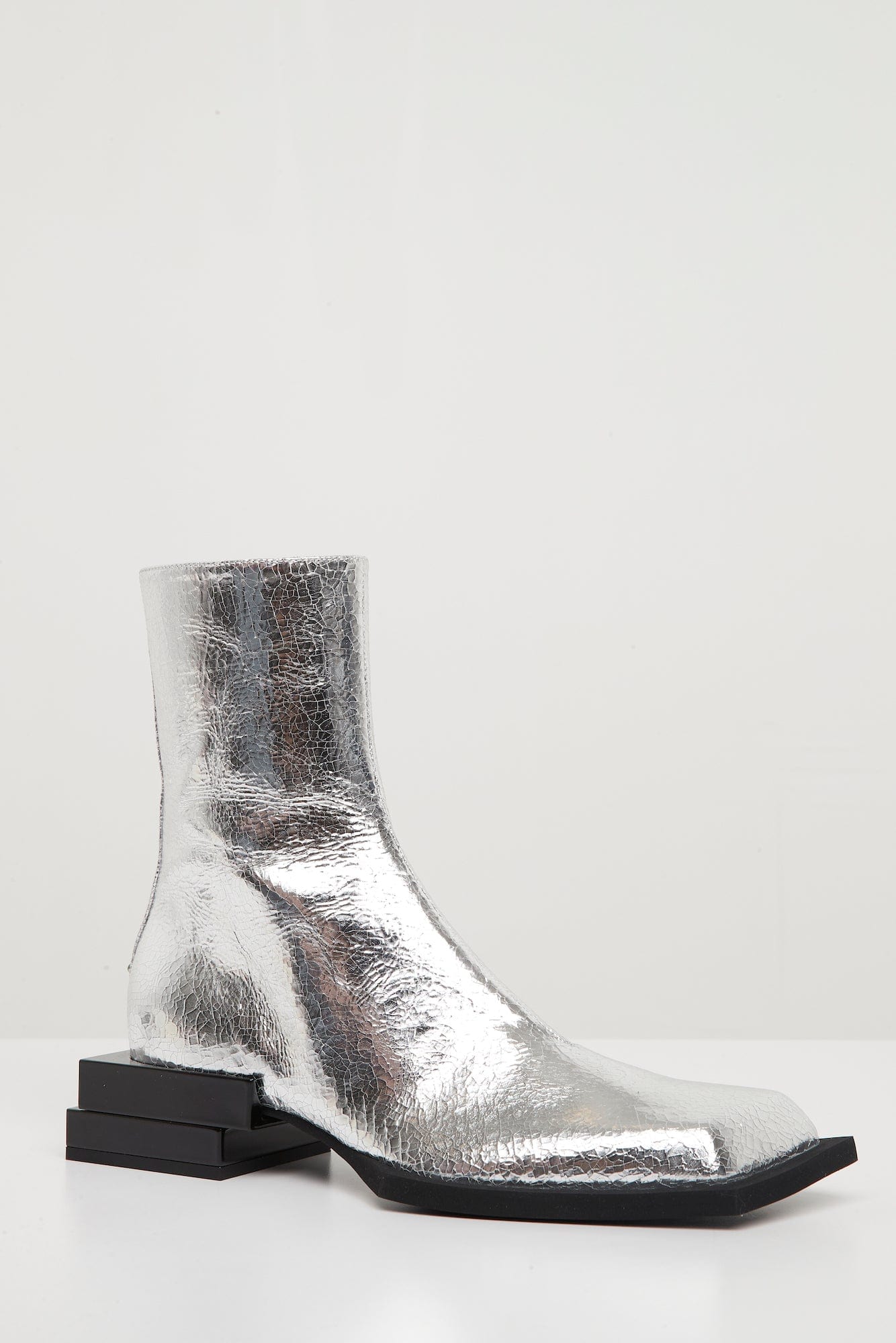 Steven Ma Stacked Heel Boots in Silver Cracked Foil - Image 3