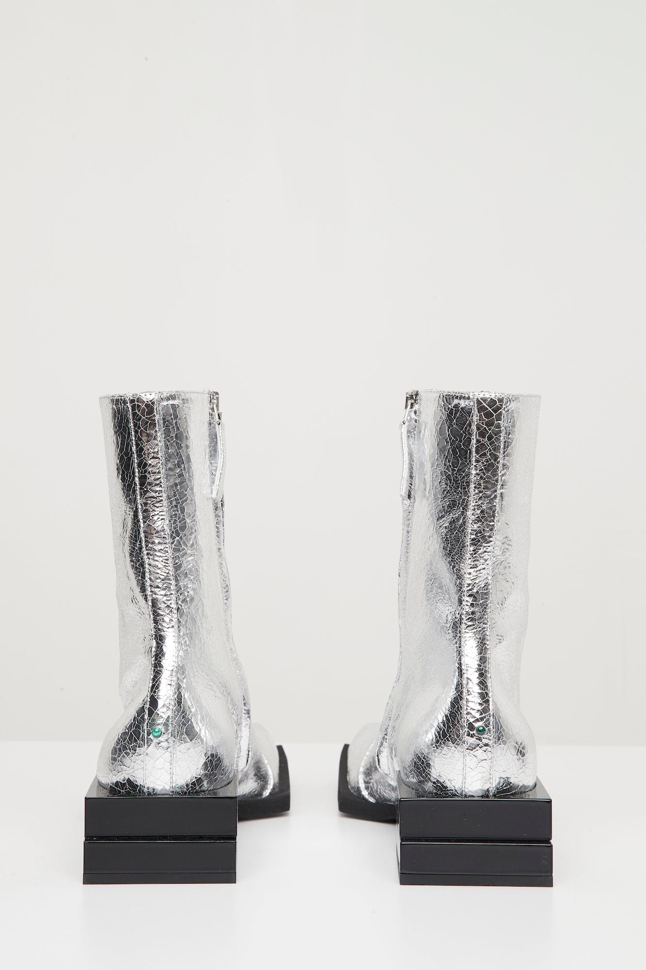 Steven Ma Stacked Heel Boots in Silver Cracked Foil - Image 4